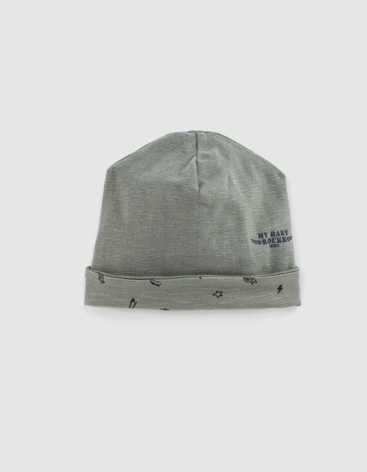 ikks Bonnet réversible kaki et imprimé rock coton bio bébé