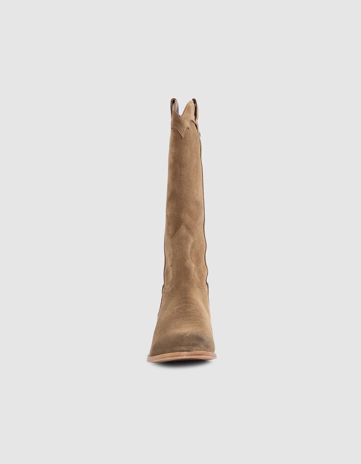 Ikks Bottes Western En Daim Camel Avec Surpiqûres Femme