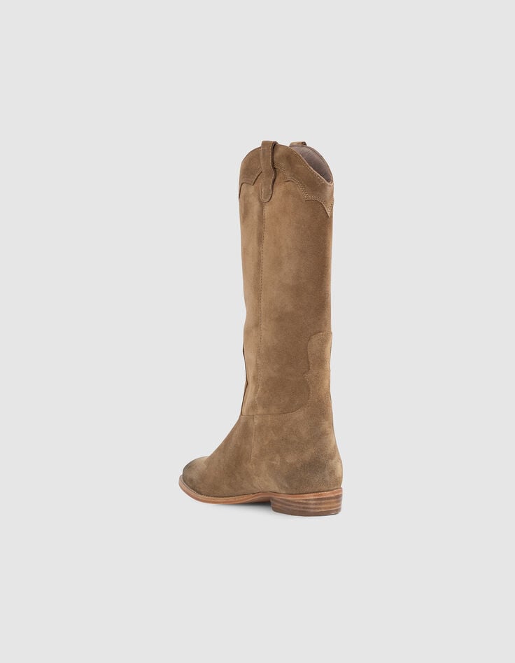 Ikks Bottes Western En Daim Camel Avec Surpiqûres Femme