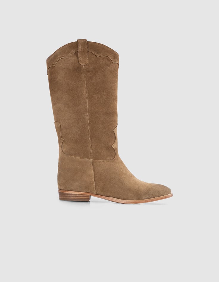 ikks Bottes western en daim camel avec surpiqûres Femme