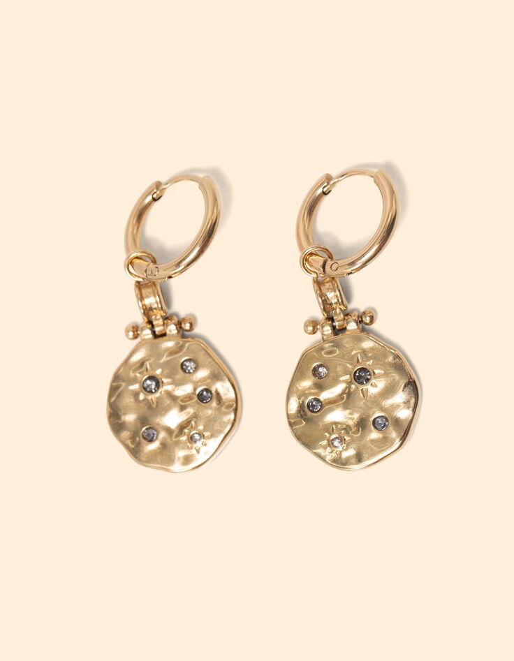 Ikks Boucles D'oreilles Anneaux Médailles Strass I.Code