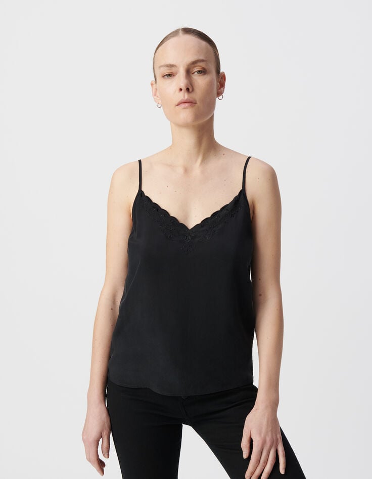 Ikks Caraco En Soie Coloris Noir Broderie Tête De Mort Femme