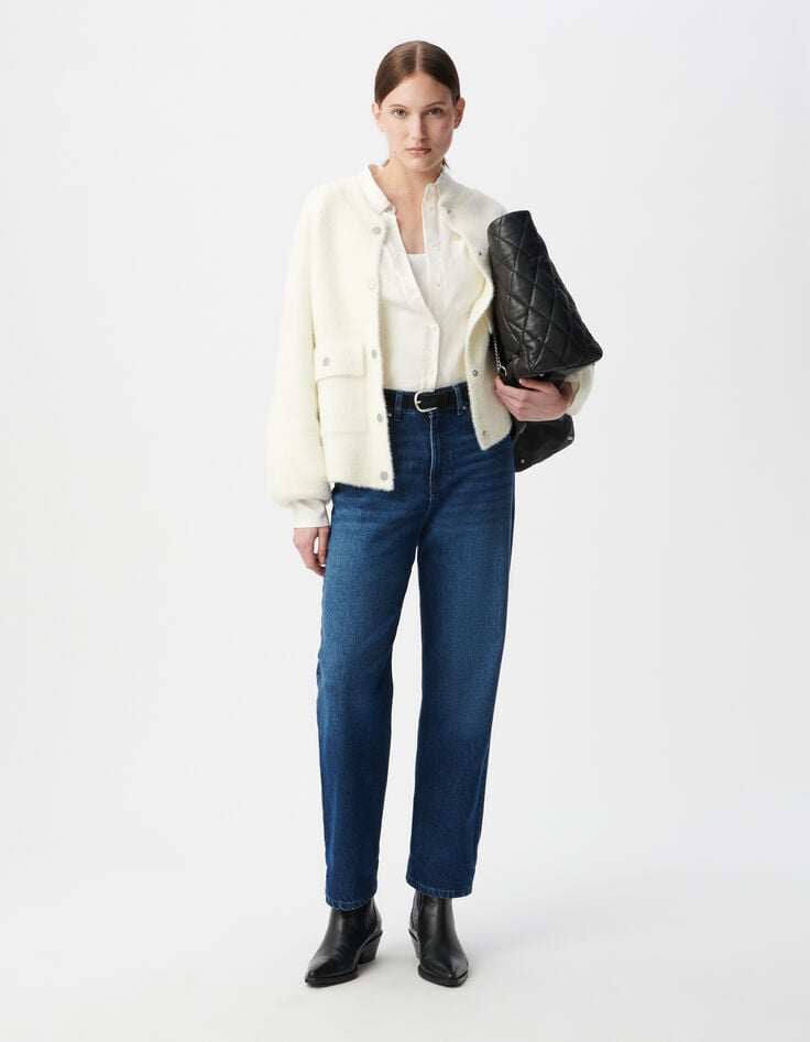 Ikks Cardigan Blanc Tricot Duveteux Poches à Rabat Pressionné Femme