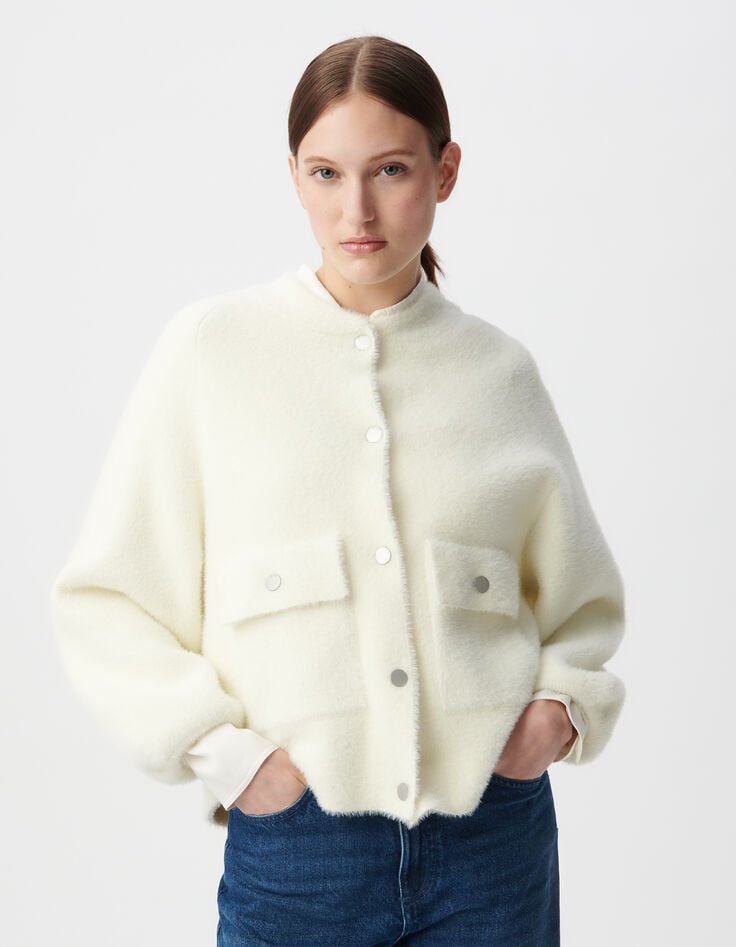 Ikks Cardigan Blanc Tricot Duveteux Poches à Rabat Pressionné Femme