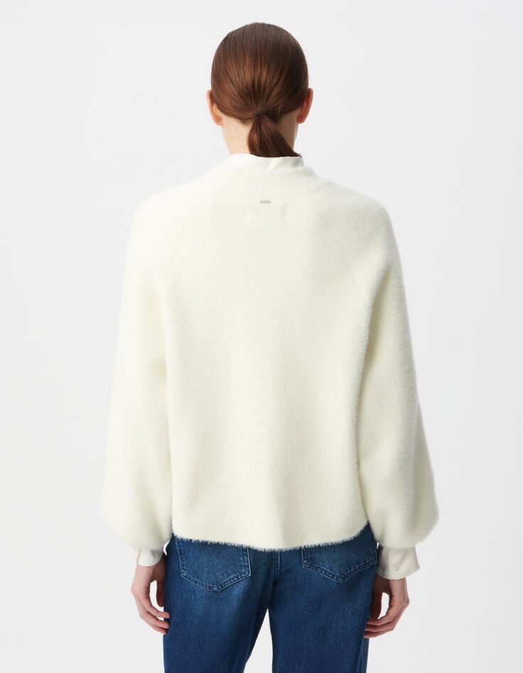 Ikks Cardigan Blanc Tricot Duveteux Poches à Rabat Pressionné Femme