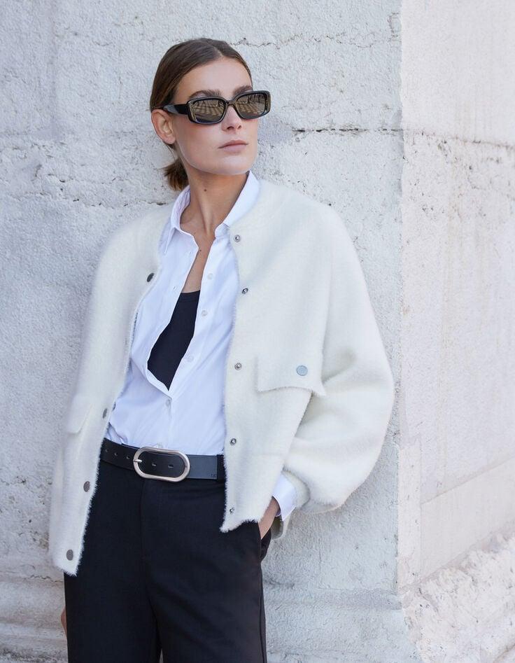 ikks Cardigan blanc tricot duveteux poches à rabat pressionné Femme