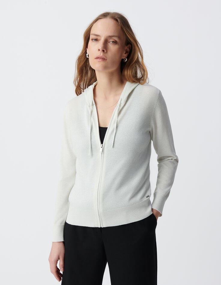 Ikks Cardigan Blanc Tricot Pailleté Motif Chevrons Ajouré Dos Femme