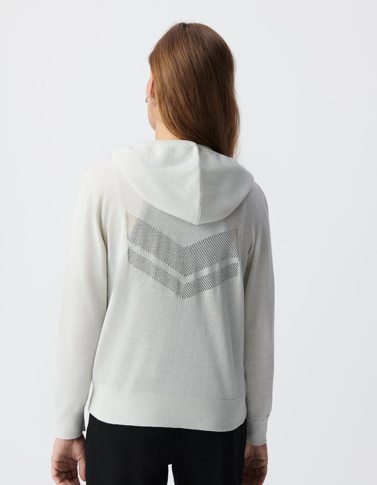 Ikks Cardigan Blanc Tricot Pailleté Motif Chevrons Ajouré Dos Femme