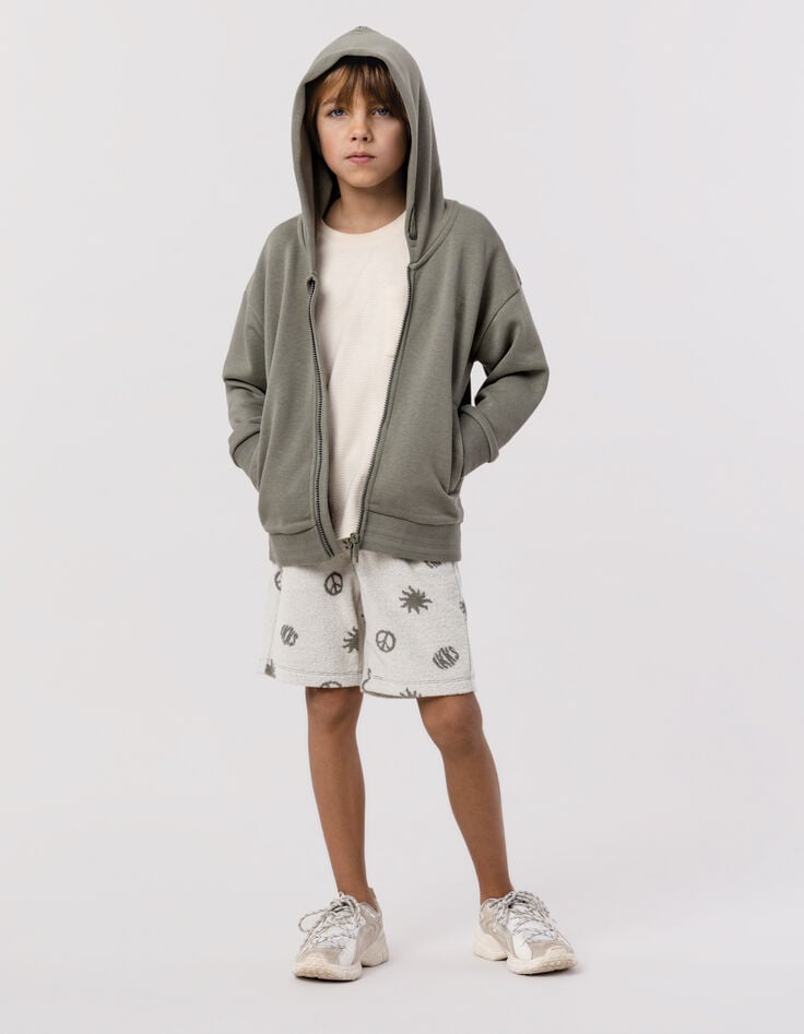Ikks Cardigan Kaki Zippé à Capuche Maxi Typo Brodées Dos Garçon