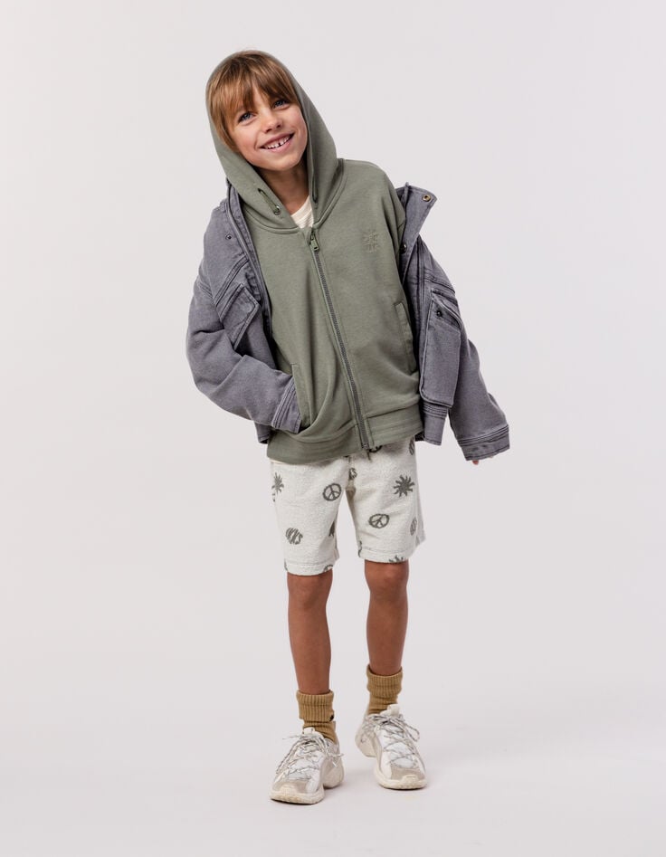 Ikks Cardigan Kaki Zippé à Capuche Maxi Typo Brodées Dos Garçon