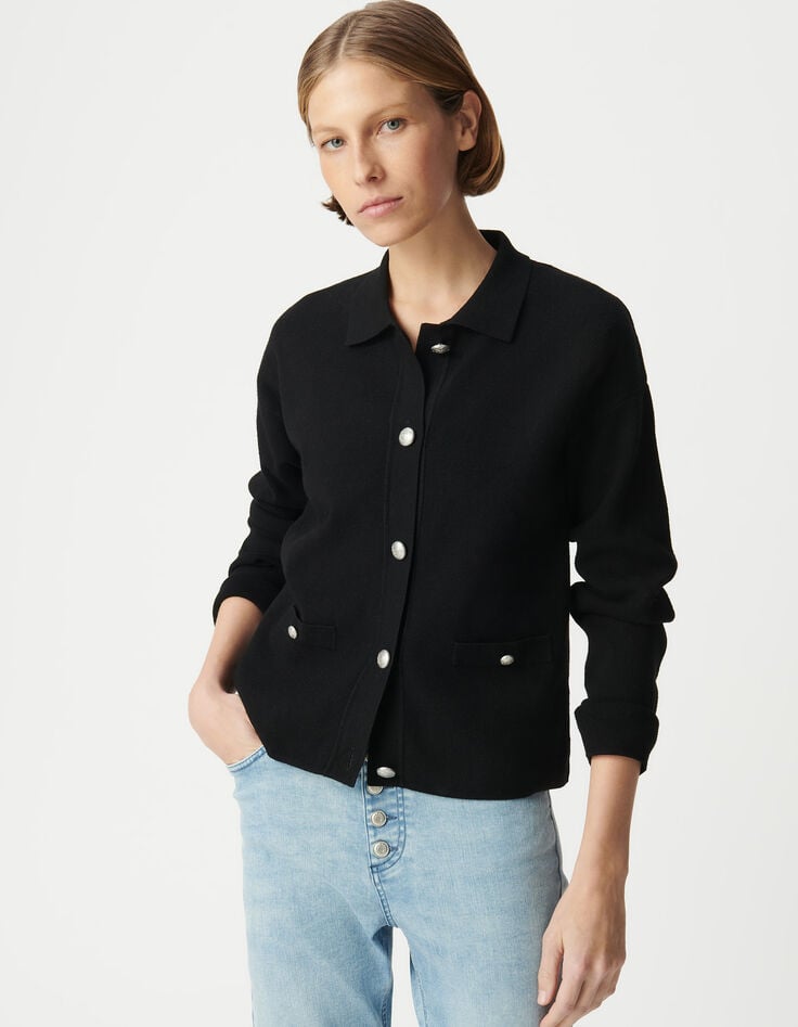 Ikks Cardigan Noir Loose Tricot Boutons Métal Gravé Femme