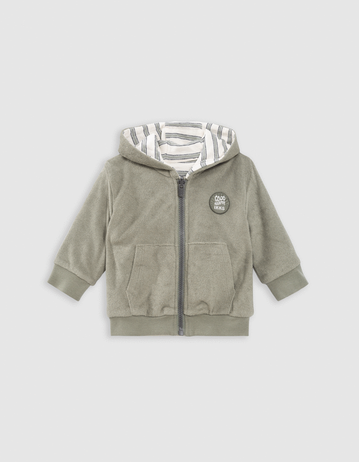 ikks Cardigan réversible kaki éponge et rayures bébé garçon