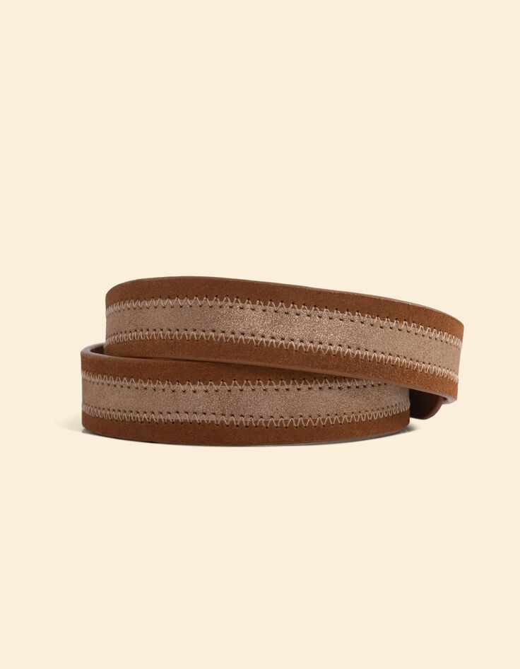 Ikks Ceinture Camel Cuir Velours Ligne Dorée I.Code