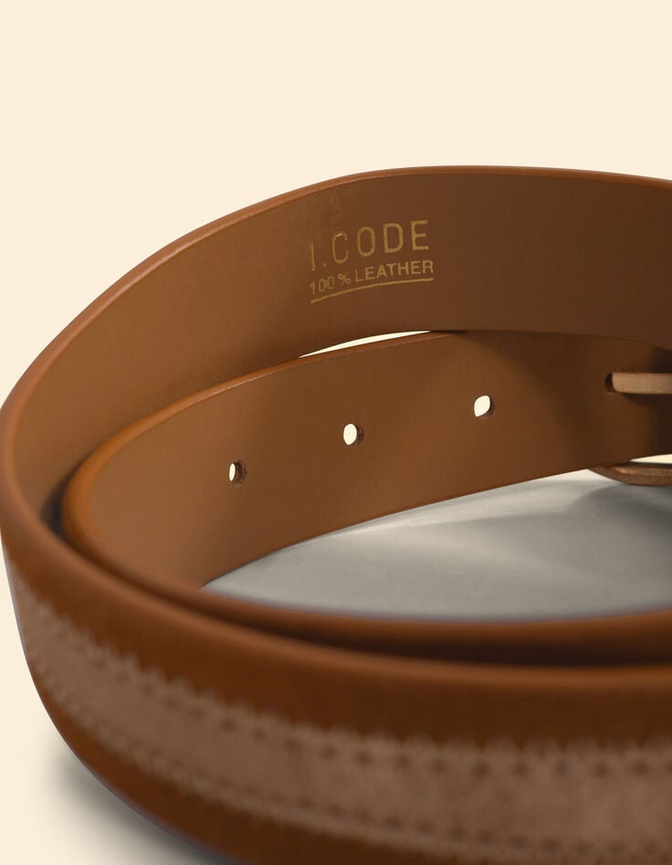 Ikks Ceinture Camel Cuir Velours Ligne Dorée I.Code