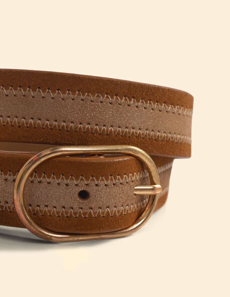 Ikks Ceinture Camel Cuir Velours Ligne Dorée I.Code