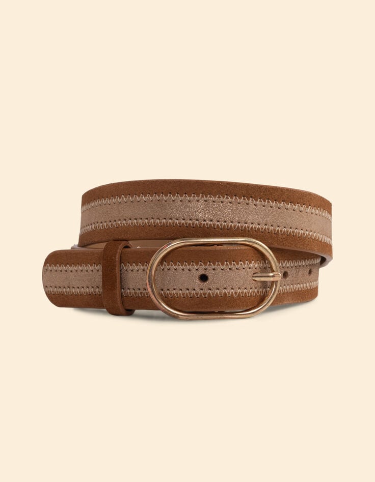 ikks Ceinture camel cuir velours ligne dorée I.Code