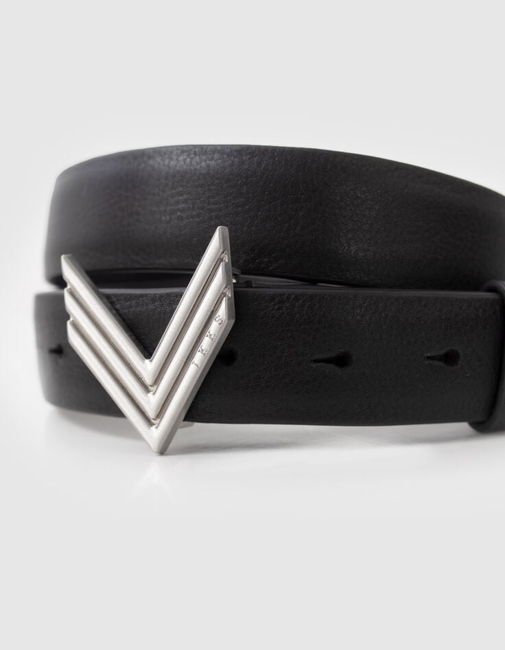 Ikks Ceinture Cuir Noir Boucle Chevrons Iconique Femme