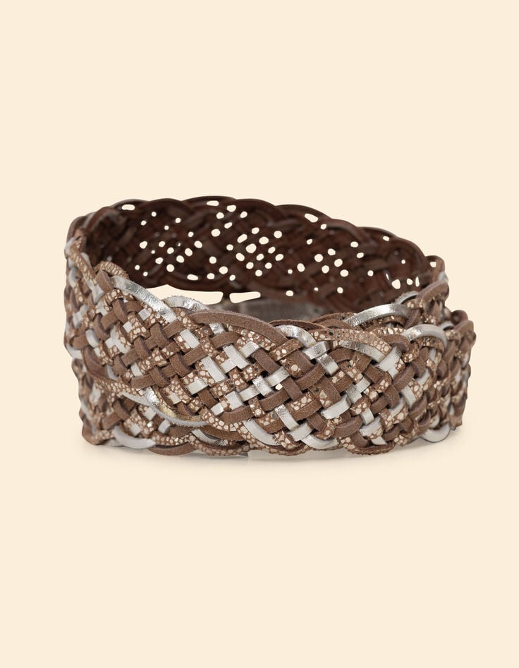 Ikks Ceinture Dorée Et Beige Mix Cuirs Tressés I.Code