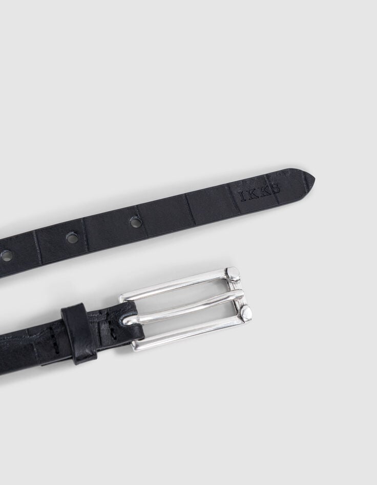 Ikks Ceinture Fine Noire Cuir Embossage Croco Femme