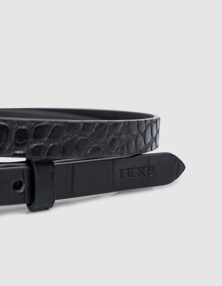 Ikks Ceinture Fine Noire Cuir Embossage Croco Femme