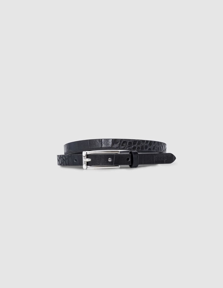 ikks Ceinture fine noire cuir embossage croco Femme