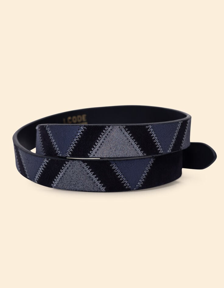 Ikks Ceinture Marine Cuir Velours Effet Patchwork I.Code