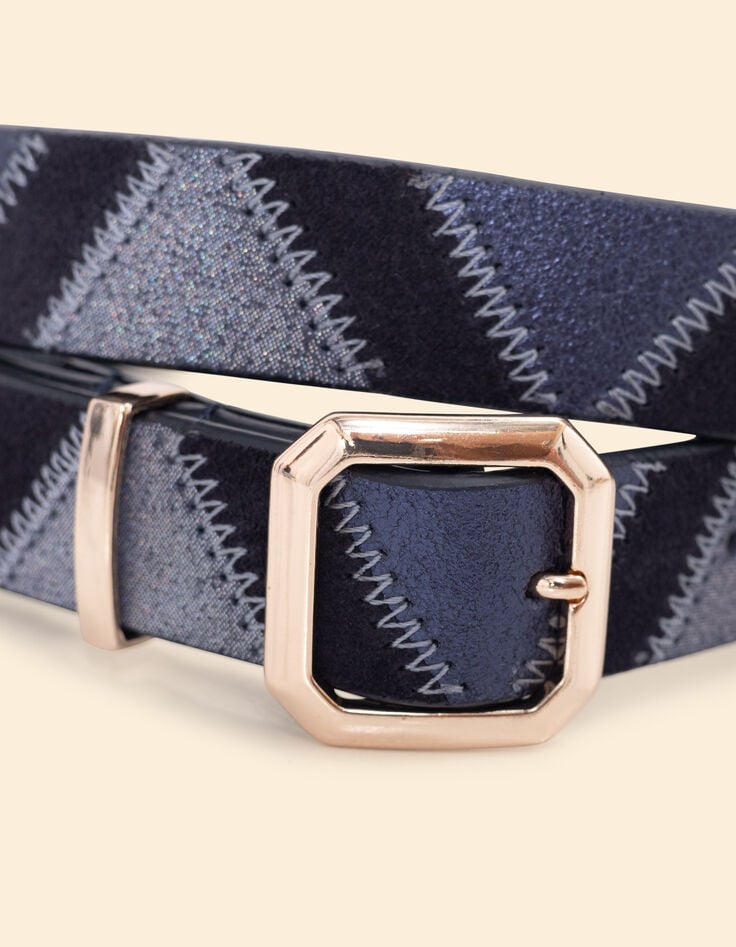 Ikks Ceinture Marine Cuir Velours Effet Patchwork I.Code