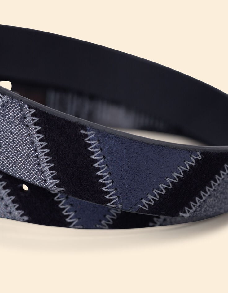 Ikks Ceinture Marine Cuir Velours Effet Patchwork I.Code