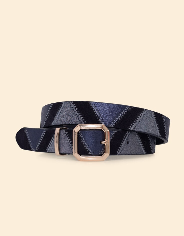 ikks Ceinture marine cuir velours effet patchwork I.Code