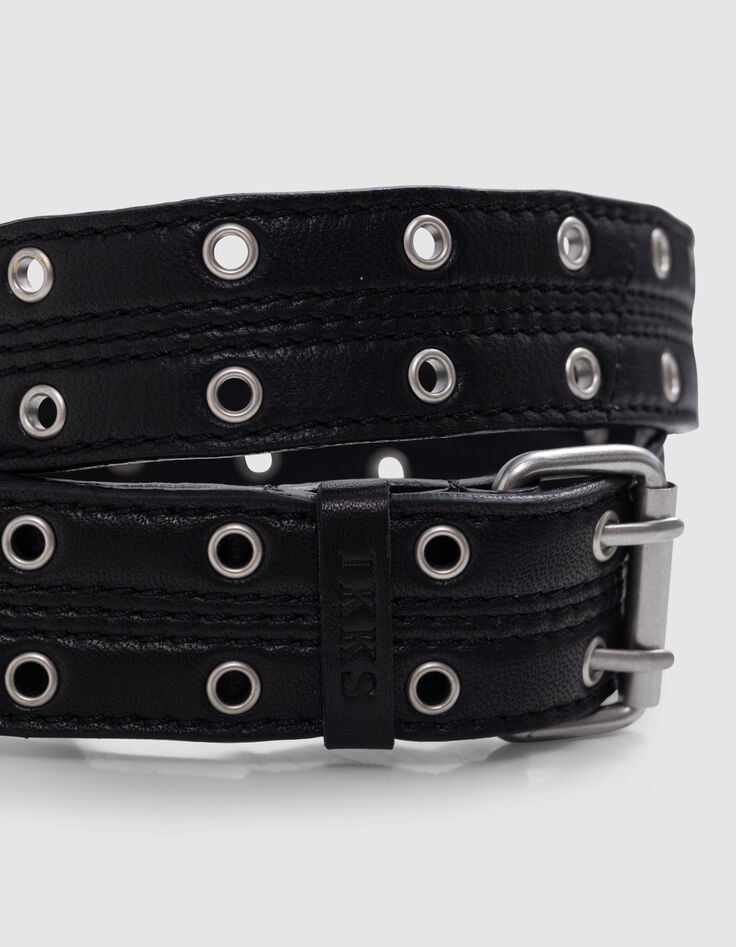 Ikks Ceinture Noire Cuir Décor Double œillets Femme