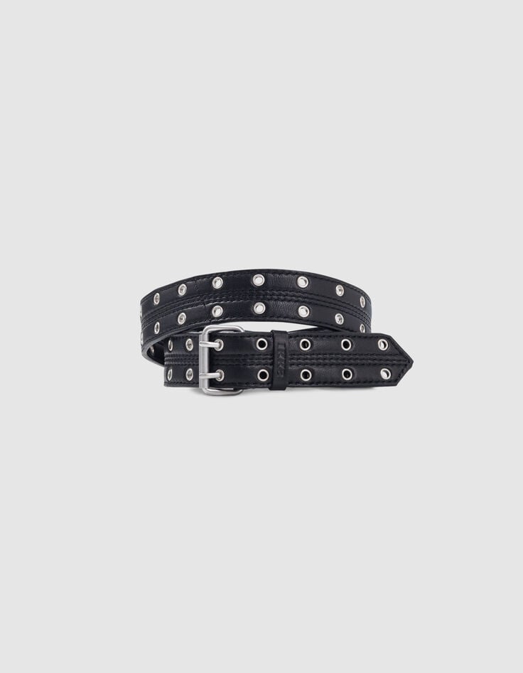 ikks Ceinture noire cuir décor double œillets Femme