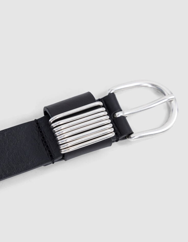 Ikks Ceinture Noire Cuir Détails Bagues Métal Femme
