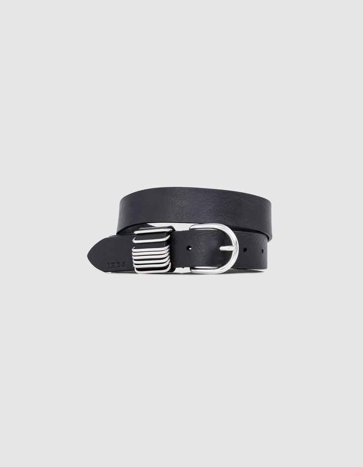 ikks Ceinture noire cuir détails bagues métal Femme