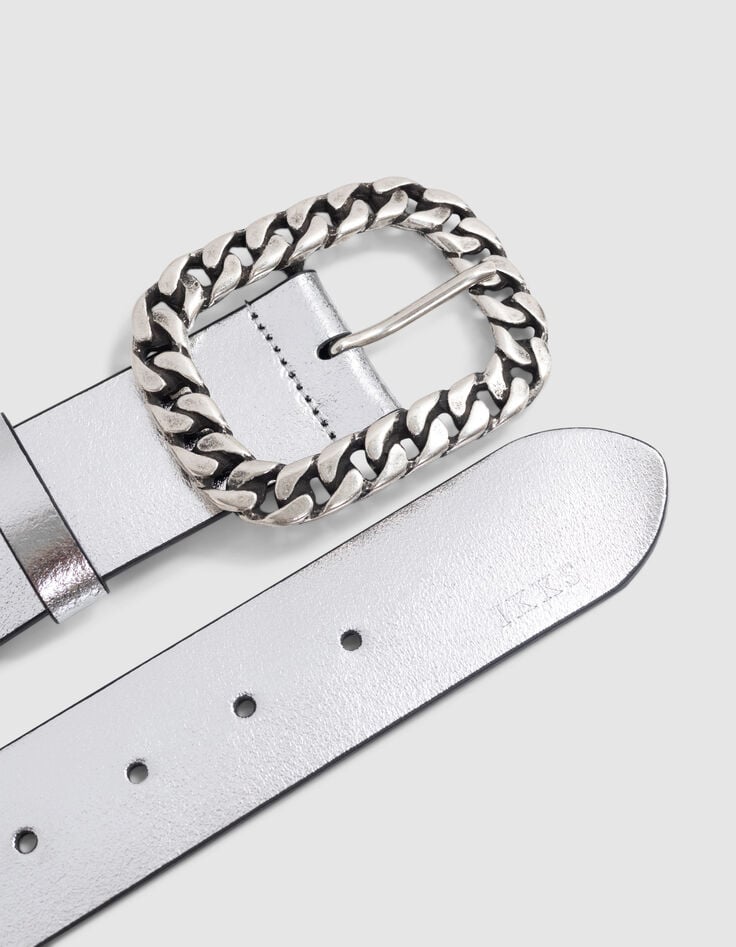 Ikks Ceinture Robe Argentée Cuir Boucle Gourmette Métal Femme