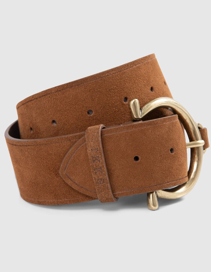 Ikks Ceinture Robe Cuir Velours Camel Boucle Ronde Femme