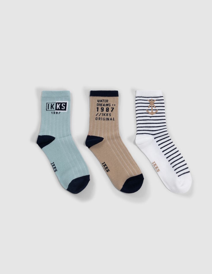 ikks Chaussettes marine rayé beige et vert d'eau garçon