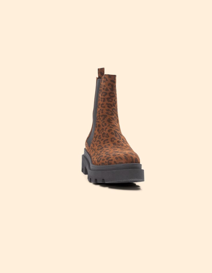 Ikks Chelsea Boots Camel Cuir Velours Motif Léopard I.Code