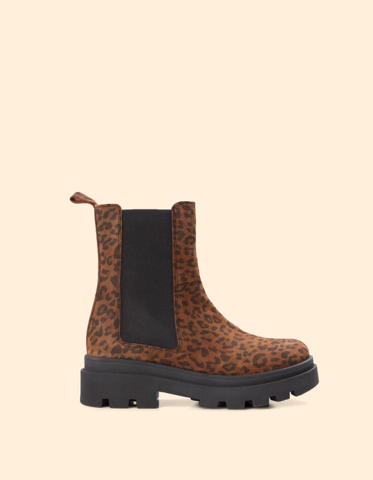 Ikks Chelsea Boots Camel Cuir Velours Motif Léopard I.Code