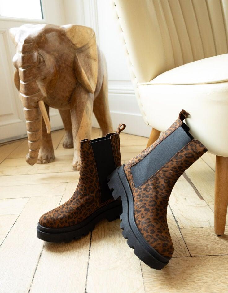 ikks Chelsea boots camel cuir velours motif léopard I.Code