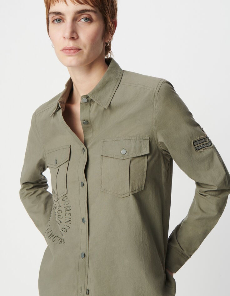Ikks Chemise Army Kaki Coton Bio Message Spirale Clouté Femme