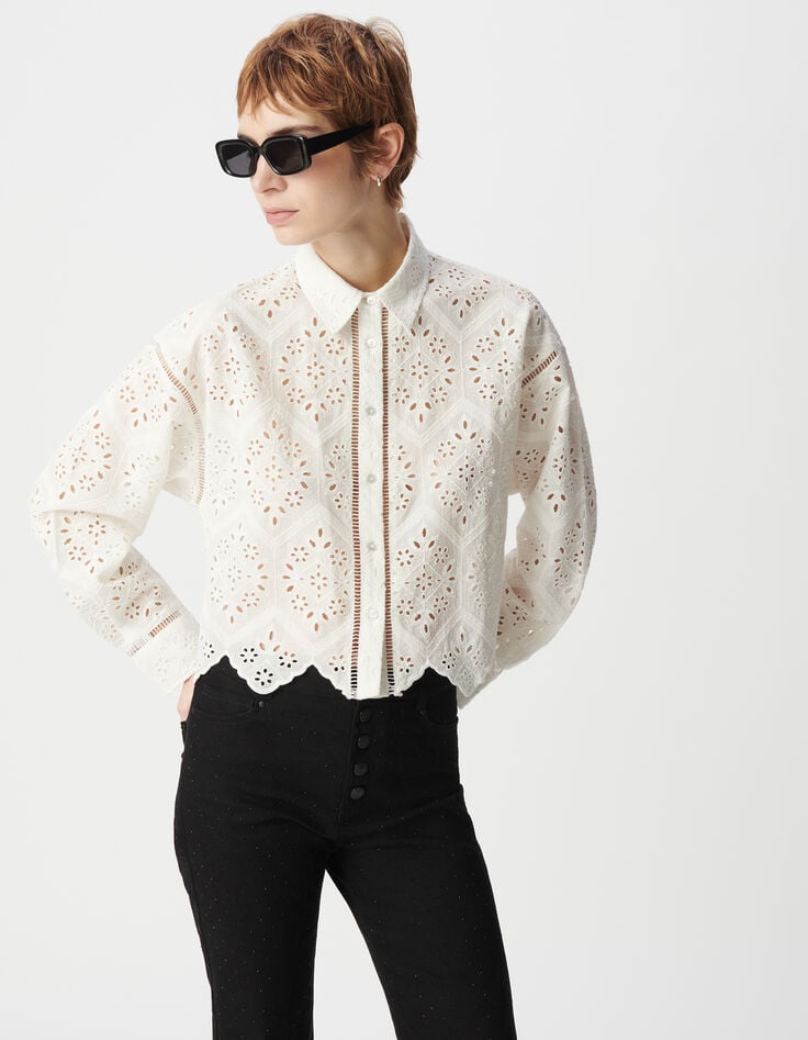 Ikks Chemise Blanche Coton Bio Broderie Anglaise Ajourée Femme