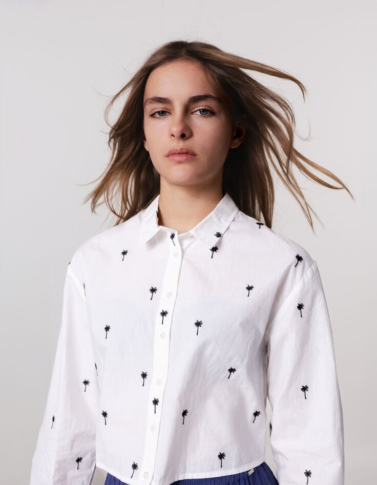 ikks Chemise blanche cropped broderies palmiers fille