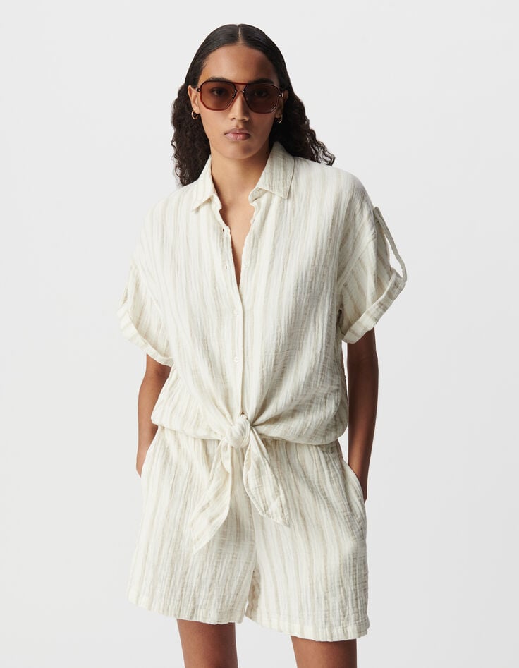 Ikks Chemise écrue Gaze De Coton Rayures Beiges Femme