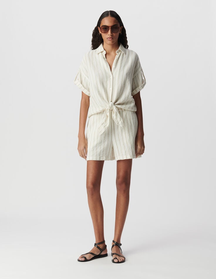 ikks Chemise écrue gaze de coton rayures beiges Femme