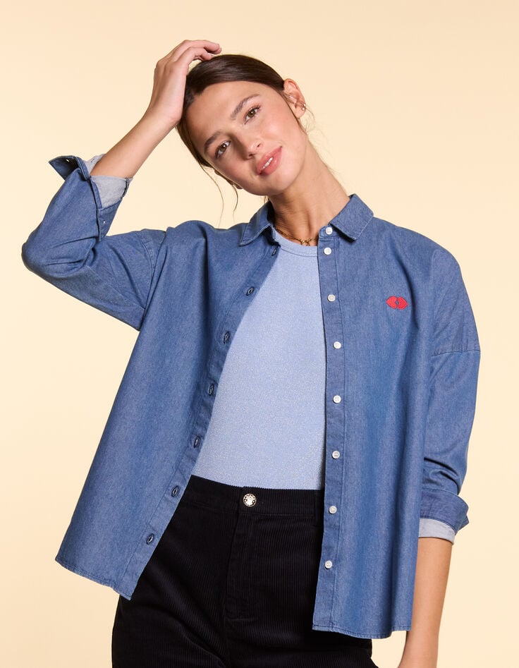 Ikks Chemise En Jean Bleu Authentique Brodée Cœur I.Code