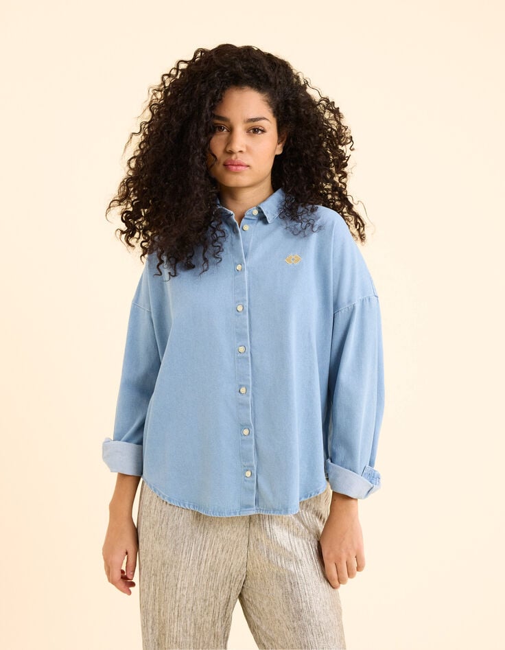 Ikks Chemise En Jean Bleu Broderie Double Cœur I.Code