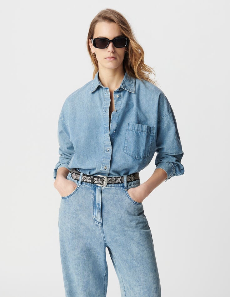 Ikks Chemise Manche Longue En Jean Bleu Coton Bio Loose Femme