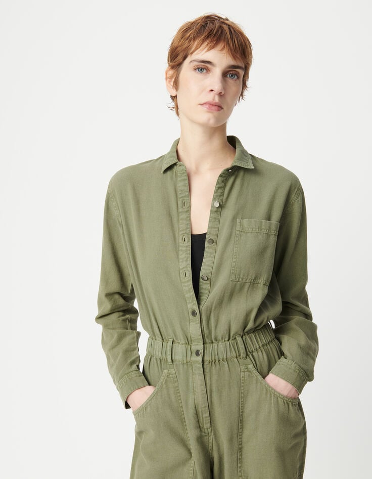 Ikks Combinaison En Jean Souple Kaki Taille élastiquée Femme