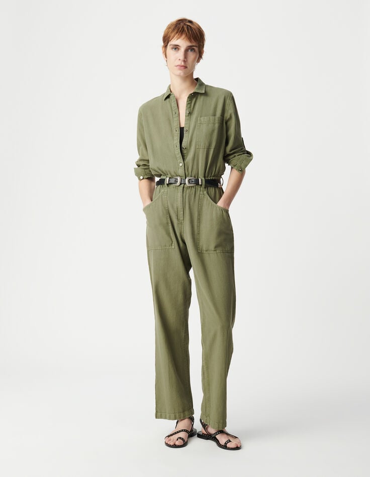 ikks Combinaison en jean souple kaki taille élastiquée Femme