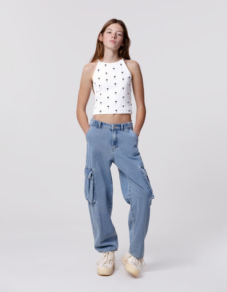 Ikks Débardeur Blanc Côtelé Broderies Palmiers Fille